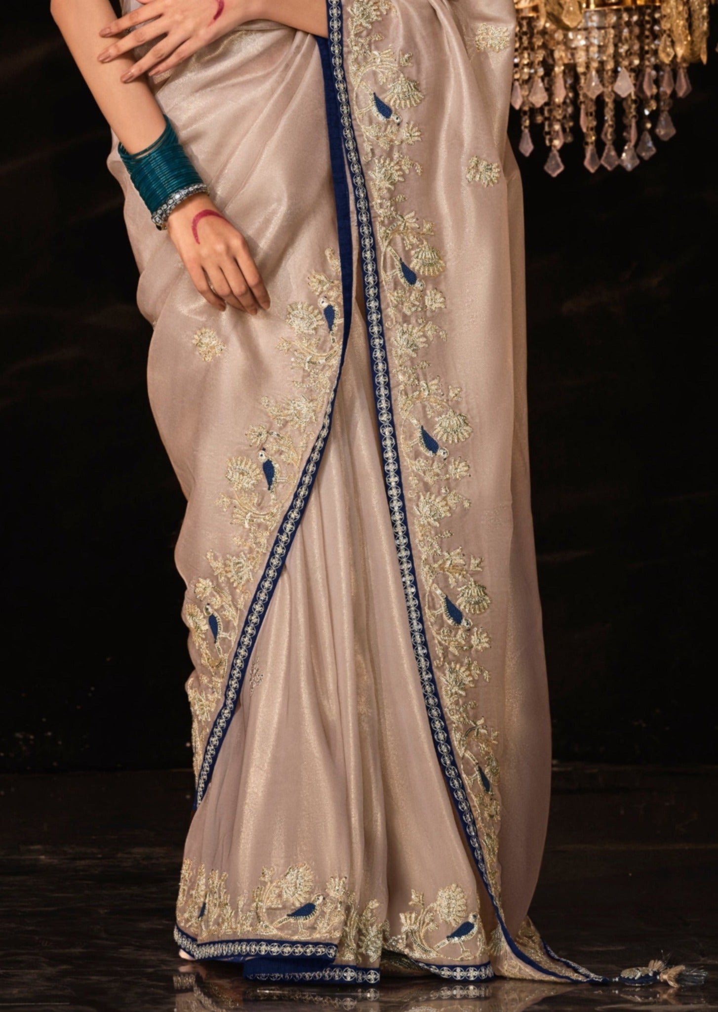 Handwork embroidery wedding saree online in beige color with contrast blouse silk blouse.