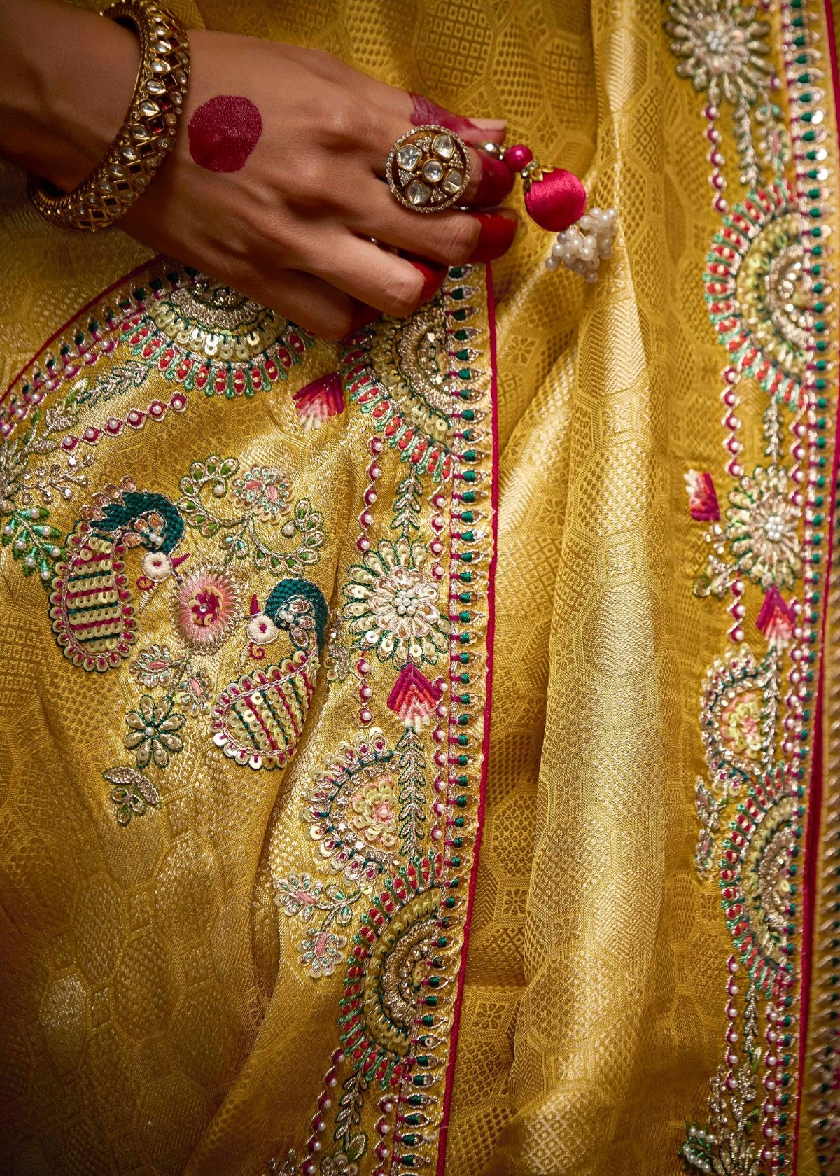 Handwork embroidery yellow silk saree online shopping for wedding and bridal wear.