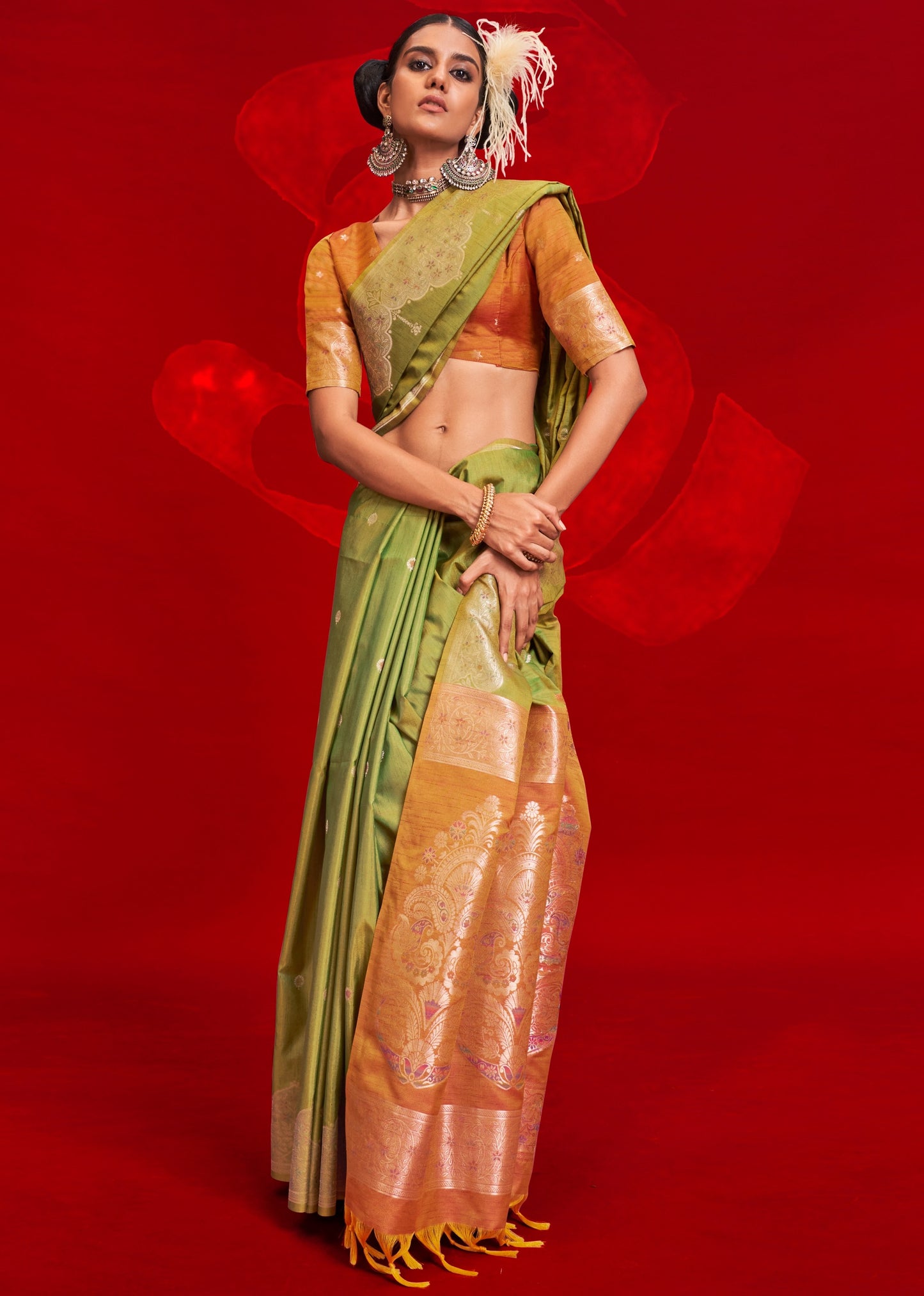 Intricate handwoven design of pure tussar silk green saree showcasing traditional craftsmanship.