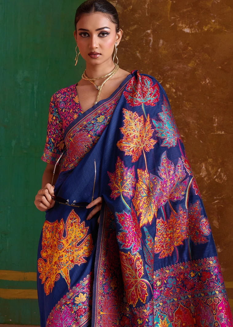 Handwoven Royal Blue Kashmiri Pashmina Silk Saree with Traditional Motifs - A Timeless Ethnic Treasure.