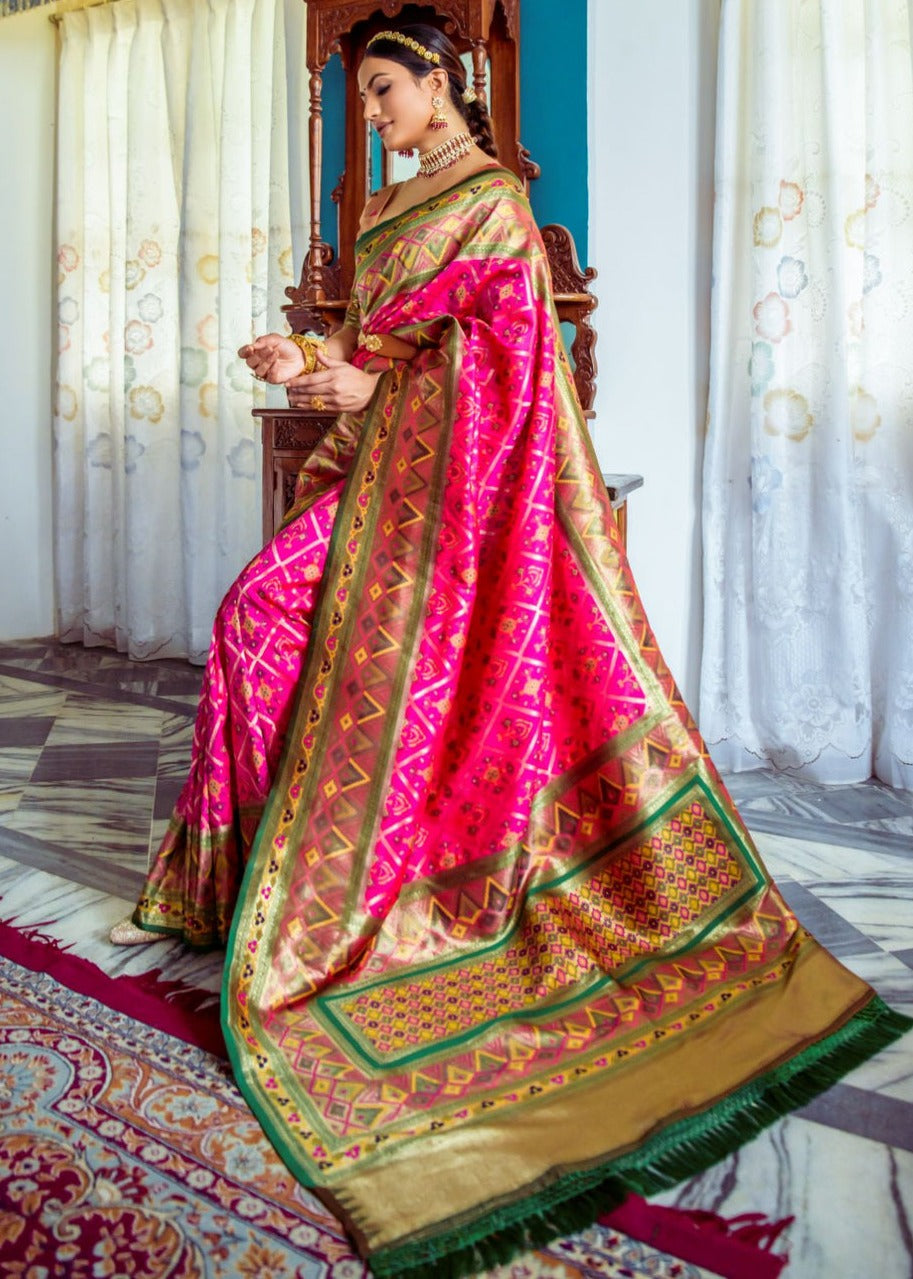 Hot pink bridal banarasi patola handloom silk saree online india for wedding wear.