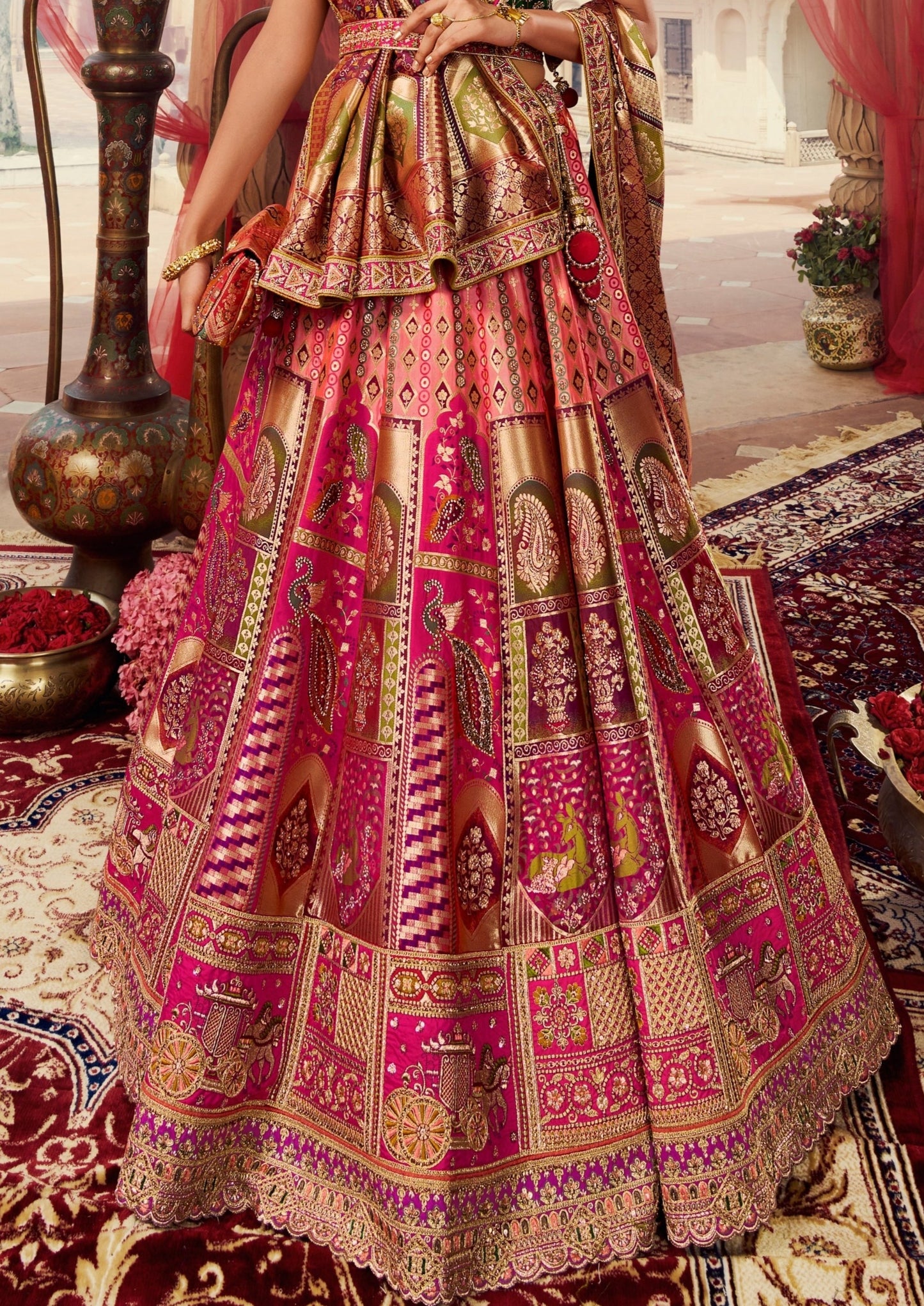 Hot pink banarasi silk bridal lehenga design.