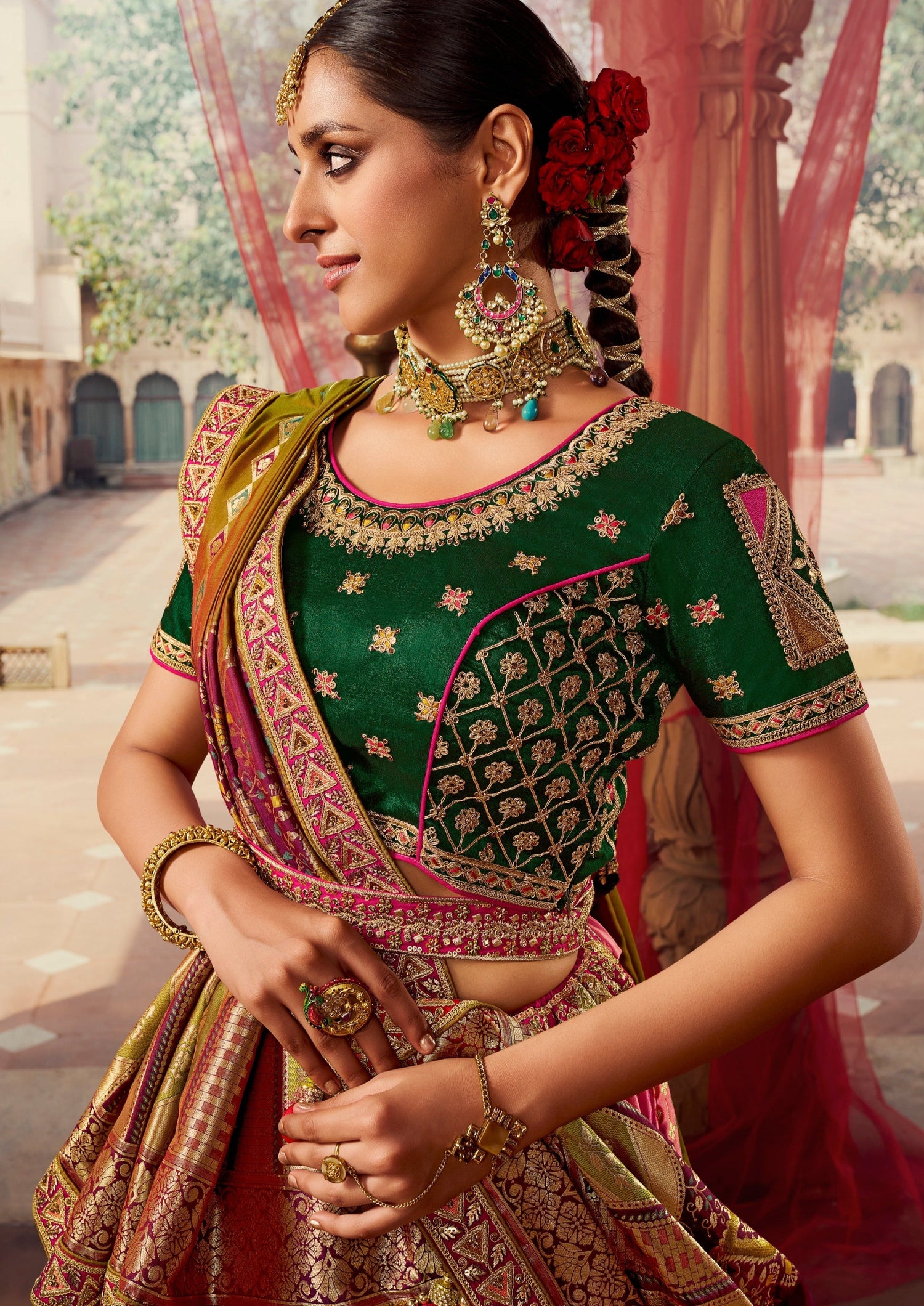 Buy Diamond Work Green and Hot Pink Banarasi Silk Trendy Lehenga Choli  Online