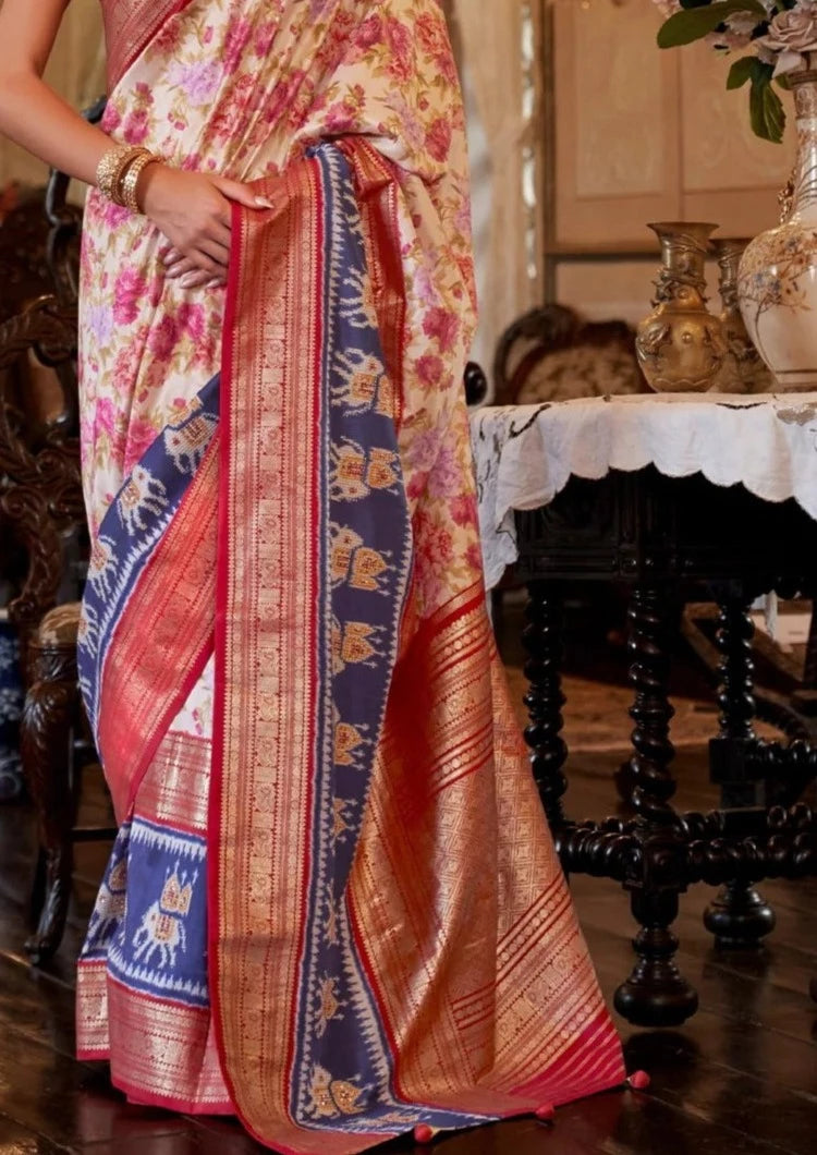 Double ikkat white patola saree usa design with banarasi fusion.