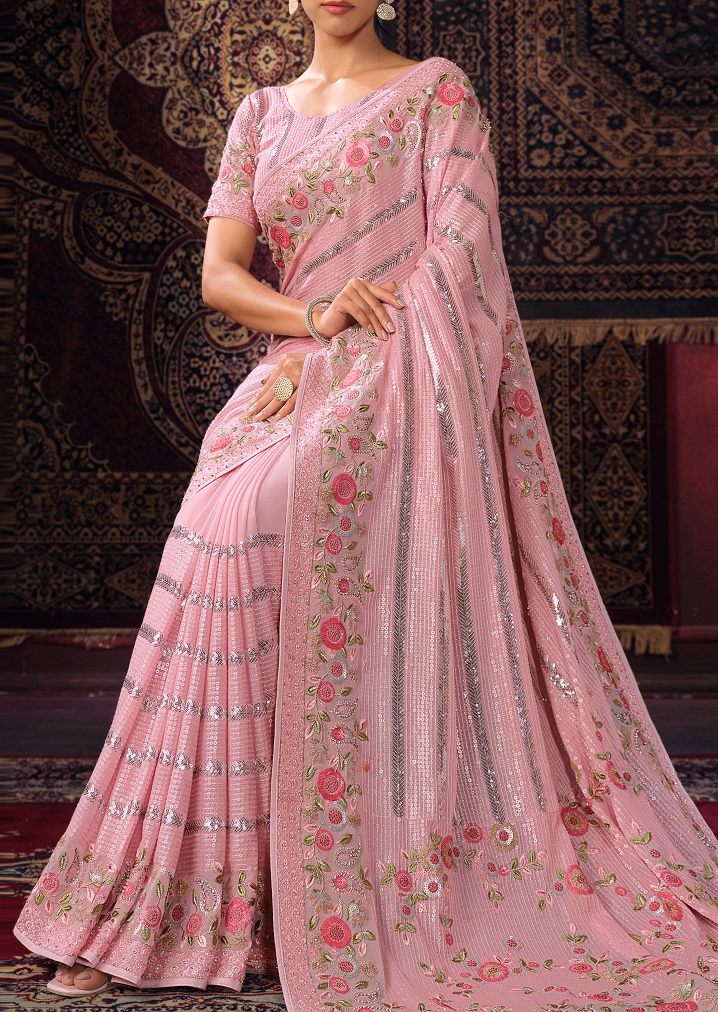 Indian georgette saree in usa online in pink color.