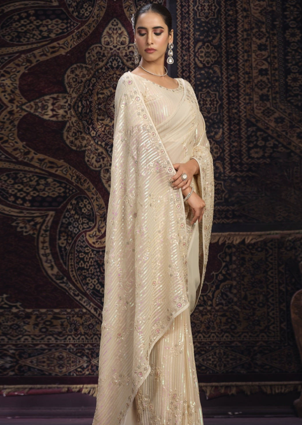 Pure Georgette Sequins Work Cream Partywear Saree