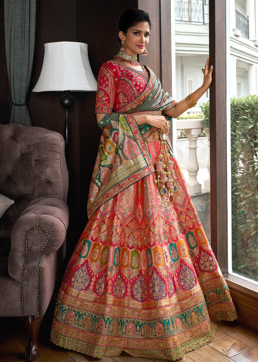 Peach Multicolor Banarasi Silk Unstitched Lehenga Choli