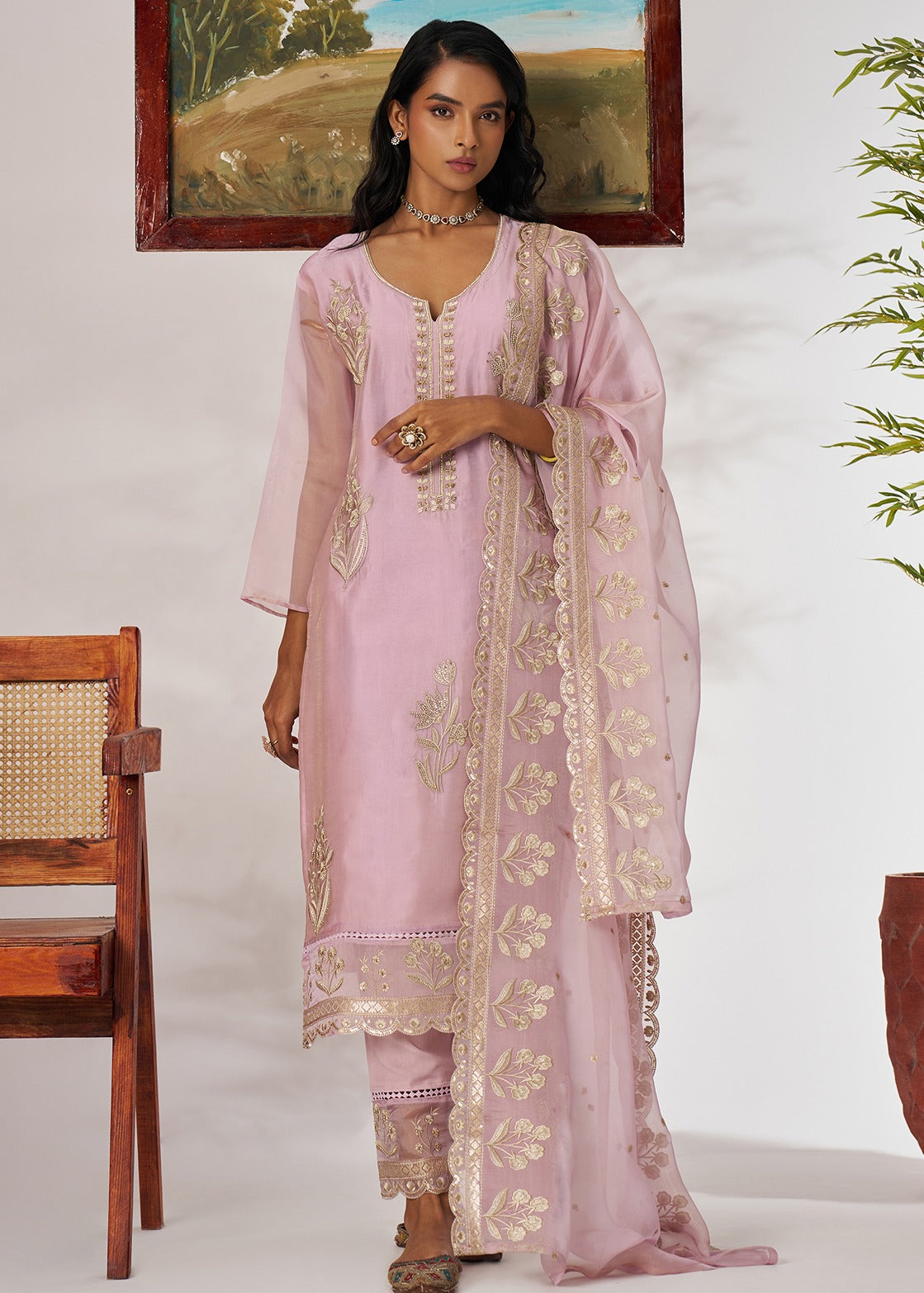 Hand embroidery on pure organza pastel pink unstitched indian salwar suit set in usa with dupatta highlighting sequins work, bead work, threadwork.