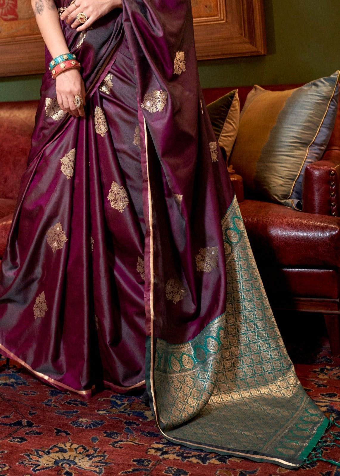 Indian wine color saree in usa online shopping for bridesmaids.