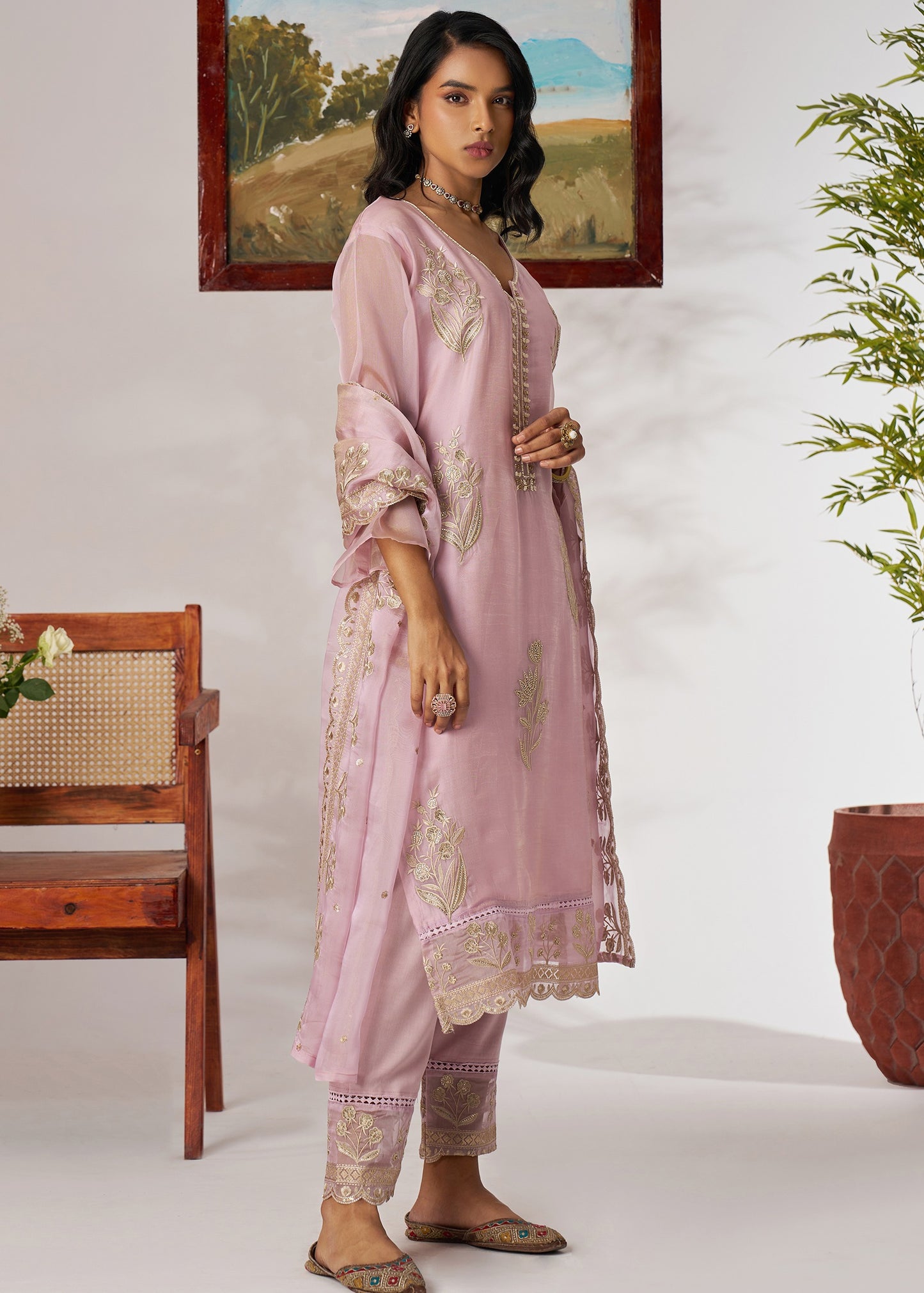 Pure organza pastel pink unstitched indian salwar suit set online usa styled for wedding ceremony or festive event, available on sale.