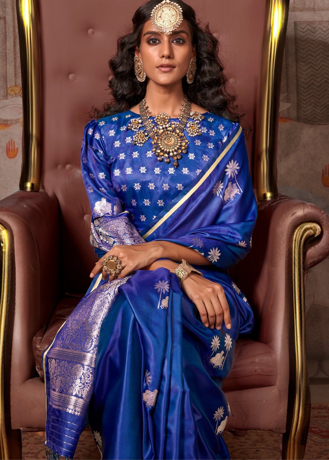 Ink blue saree blouse combination featuring traditional banarasi zari weaving work in pure banarasi handloom satin silk.