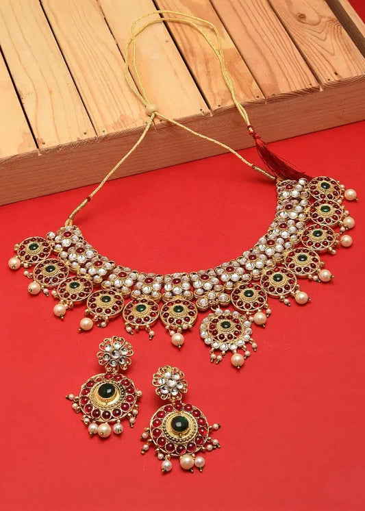 Pink & Green Floral Design Kundan Polki Necklace Set With Earrings