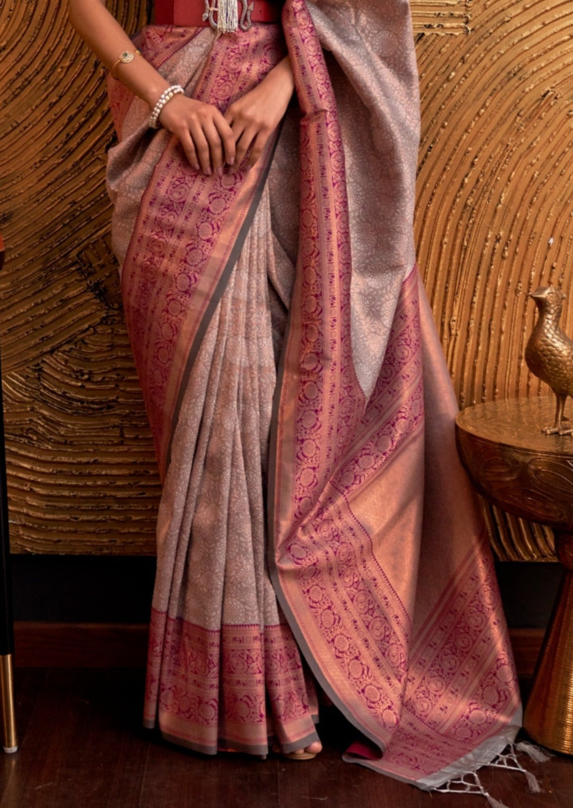 Kanjivaram silk grey saree with contrast maroon blouse online designs.