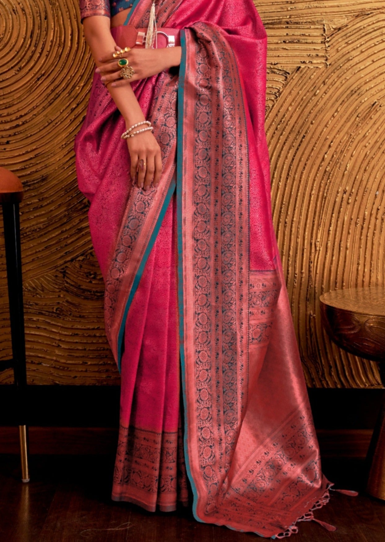 Kanjivaram silk red saree contrast blue blouse online.