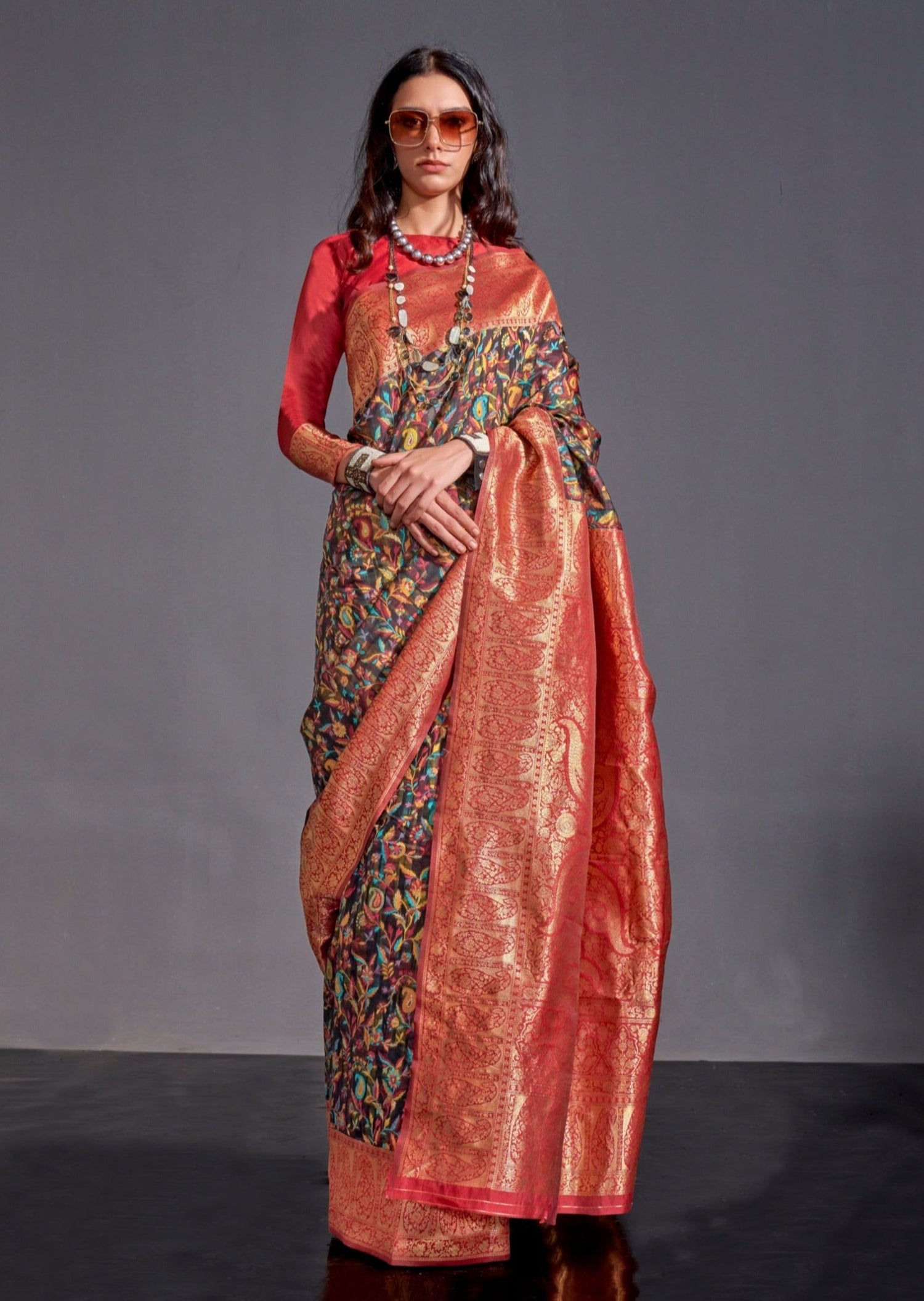 Kashmiri banarasi fusion handloom silk black saree online shopping with price.