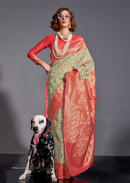 Kashmiri banarasi fusion handloom silk mint green saree usa uk uae.