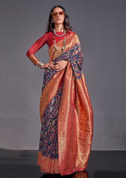 Kashmiri banarasi fusion handloom silk navy blue saree online usa.
