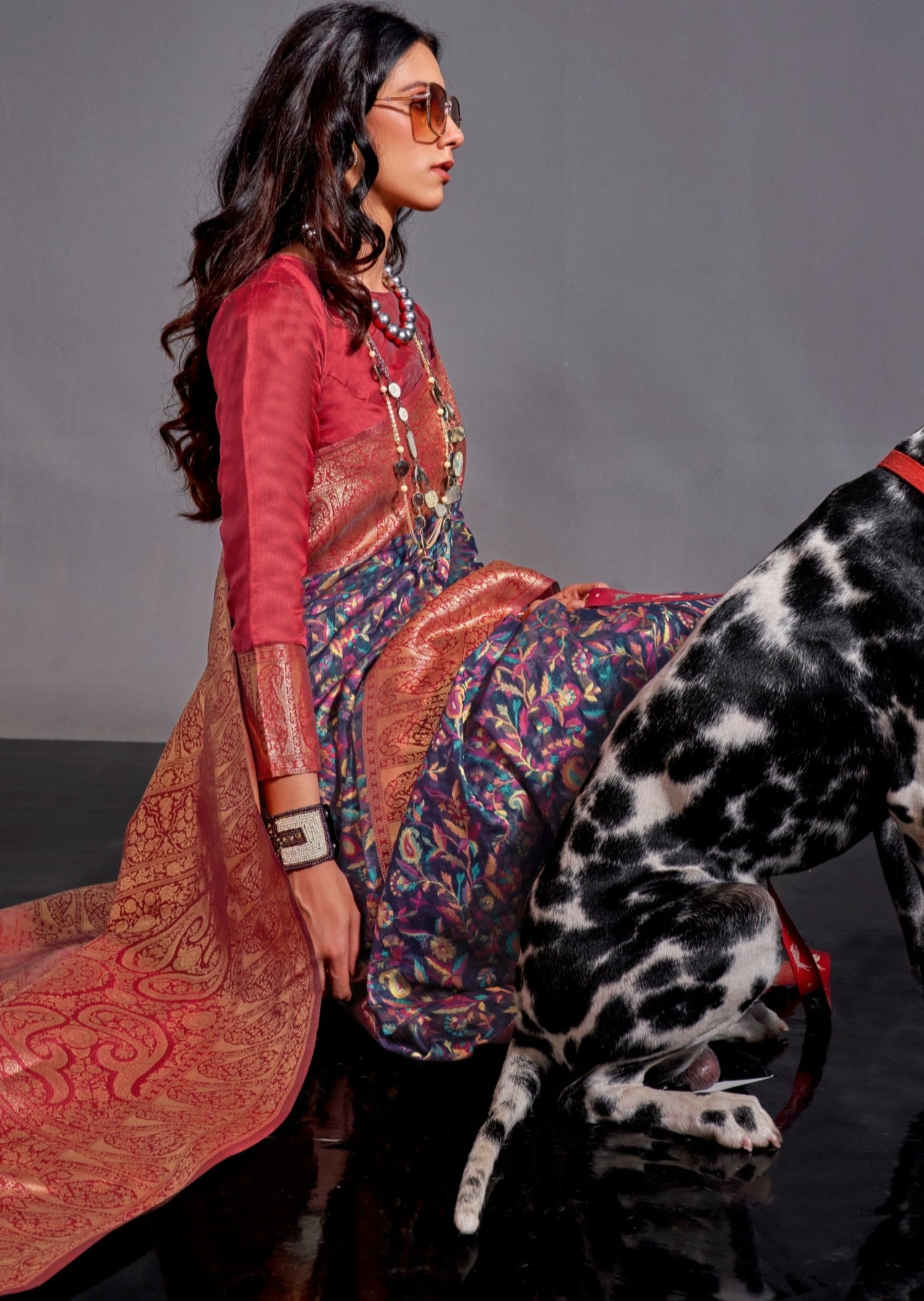 Kashmiri banarasi fusion handloom silk navy blue saree online shopping usa.
