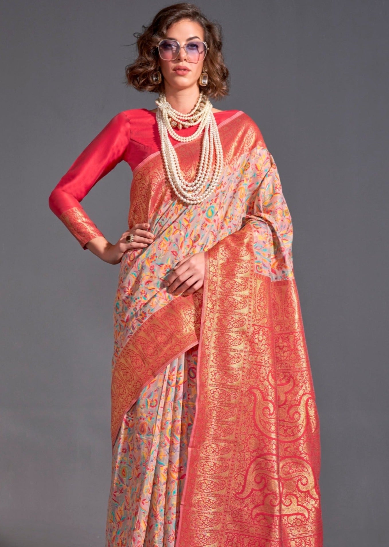 Kashmiri banarasi handloom silk beige saree contrast red blouse online price.