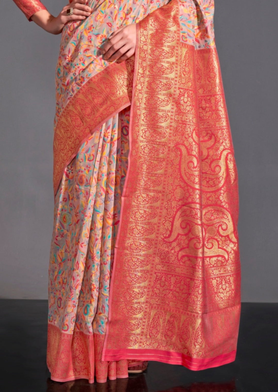 Kashmiri banarasi handloom silk beige saree contrast red blouse usa online.