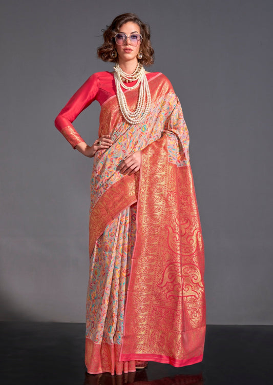 Kashmiri banarasi handloom silk beige saree contrast red blouse usa uk uae online.