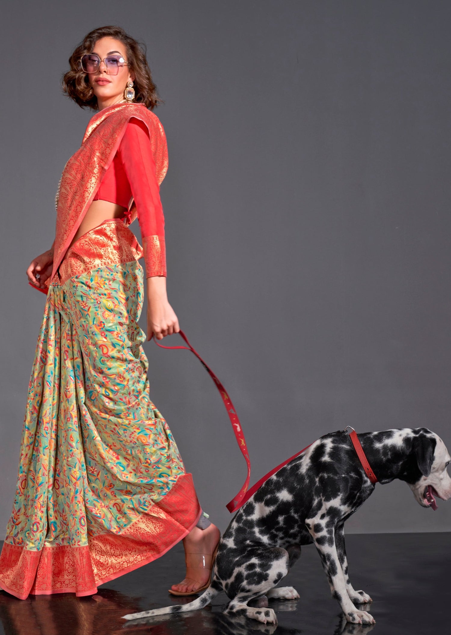 Kashmiri banarasi handloom silk green-saree contrast red blouse usa uk uae online.