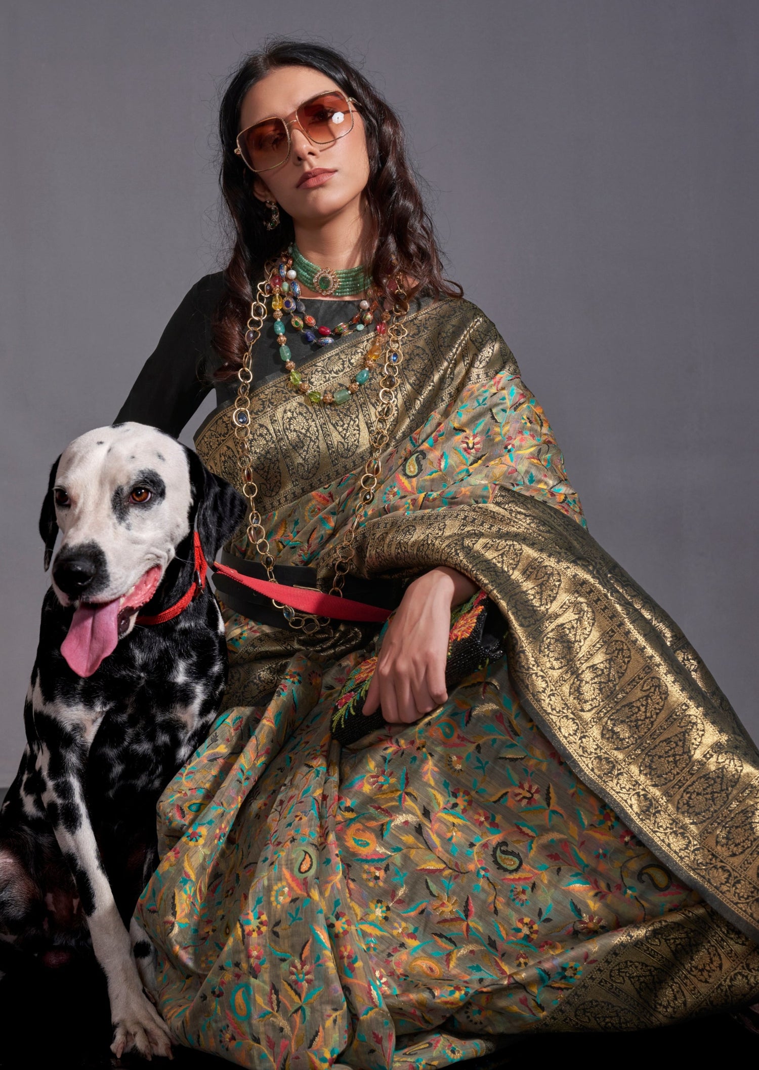 Kashmiri banarasi fusion handloom silk grey saree online.