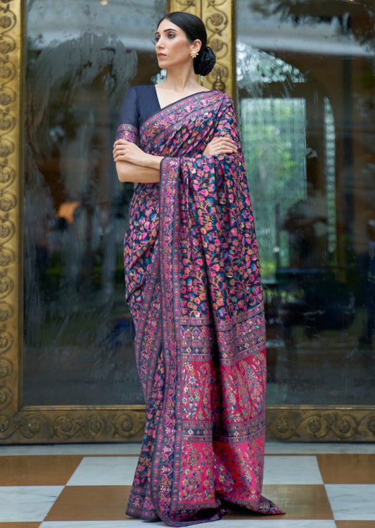 Pure kashmiri jamawar navy blue tanchoi brocade saree online.