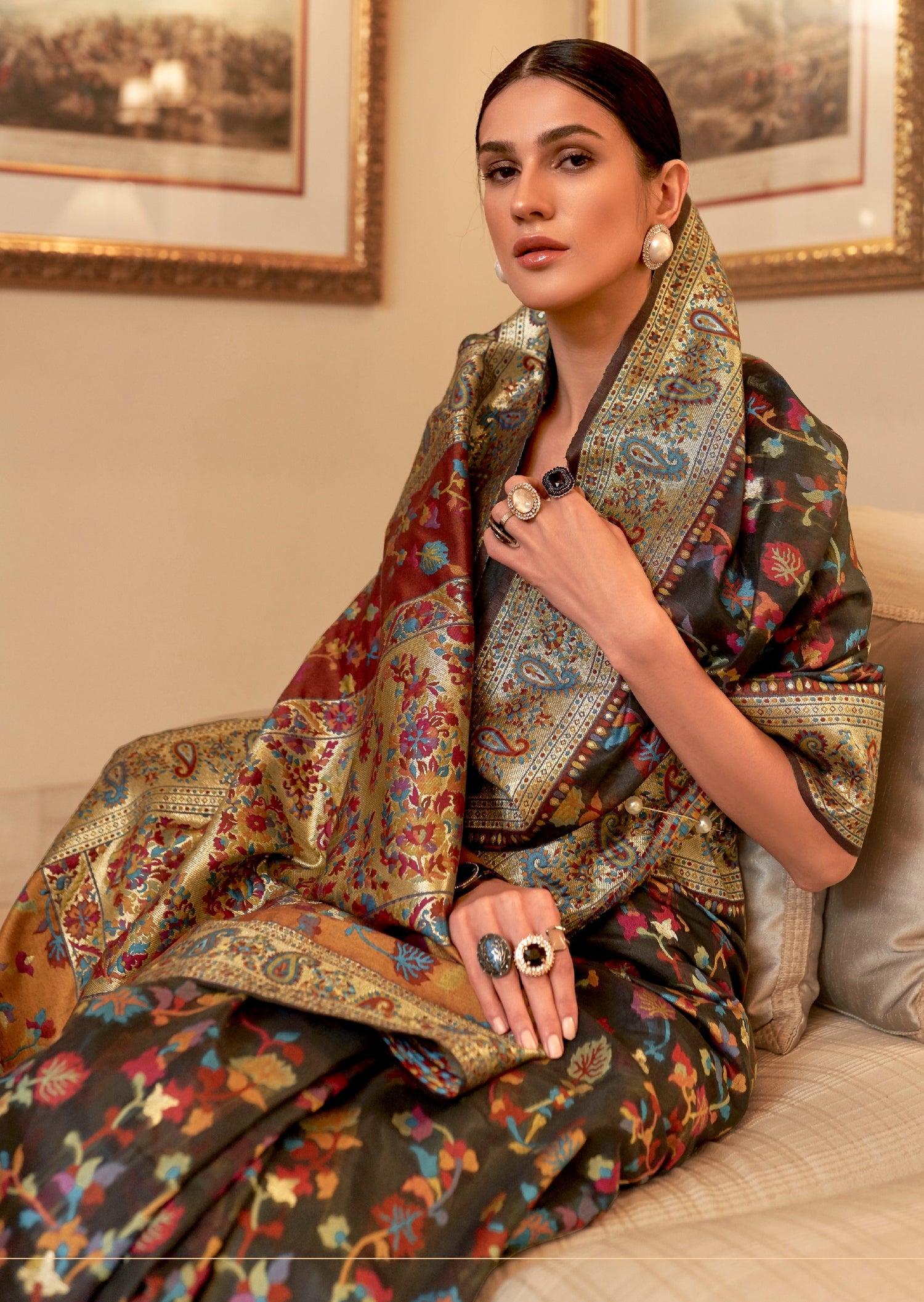 Kashmiri jamawar silk black handloom pashmina saree online shopping for wedding with price.