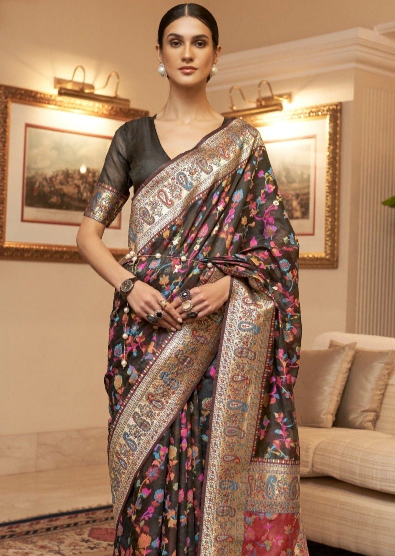 Kashmiri jamawar silk black handloom pashmina saree online shopping price.