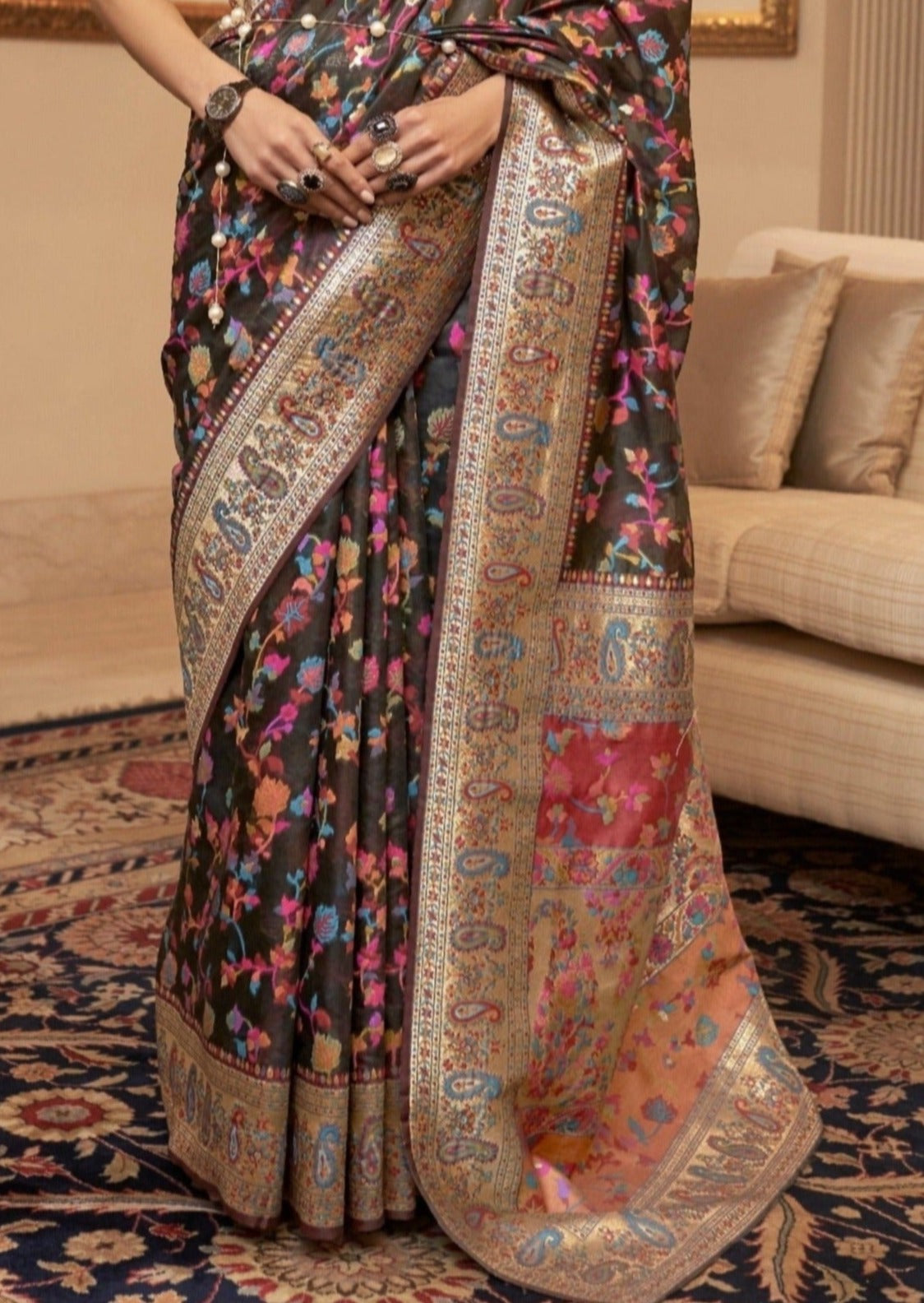 Kashmiri jamawar silk black pashmina original saree with zari border online price.