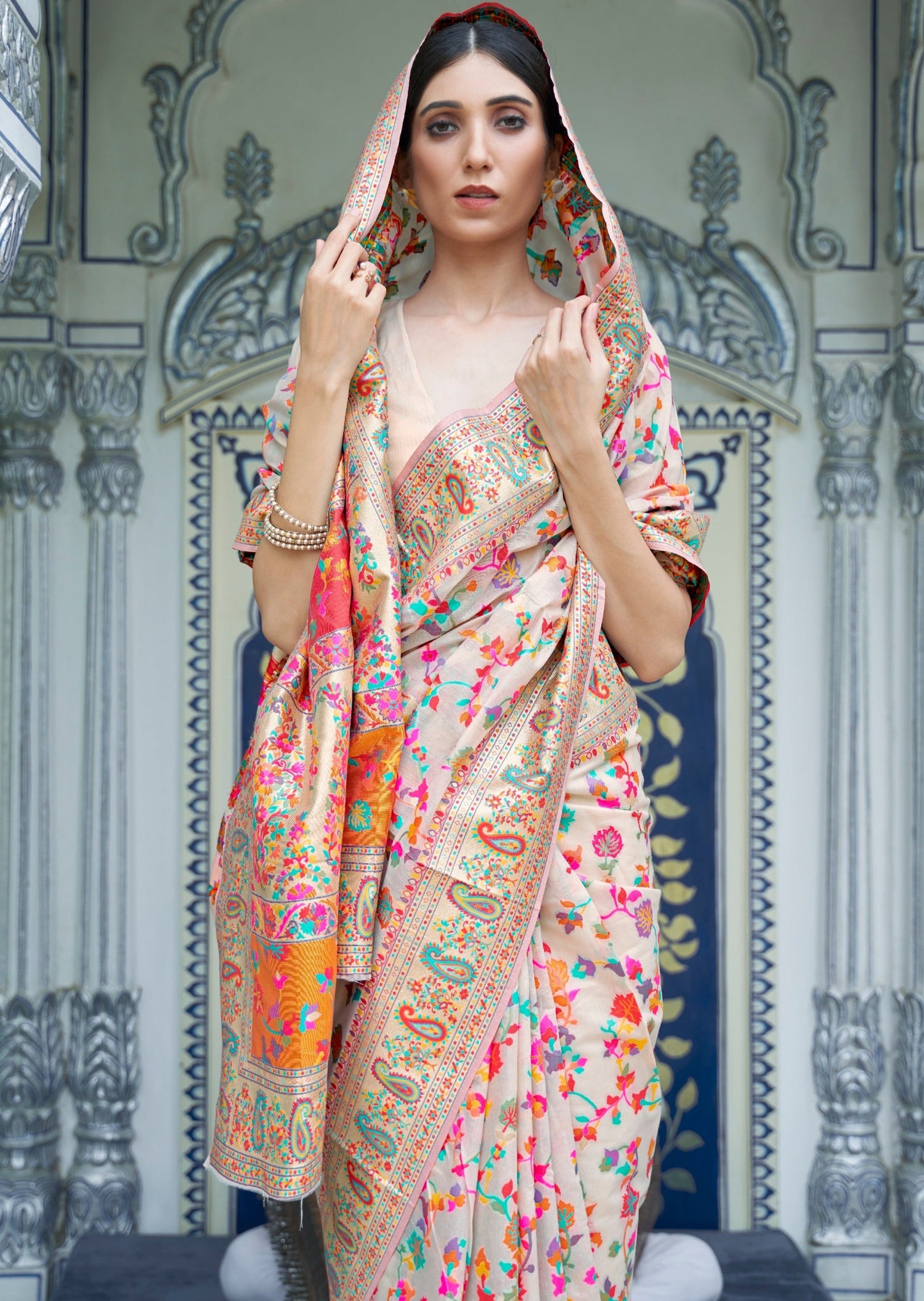 Kashmiri jamawar silk cream saree india online shopping with price.