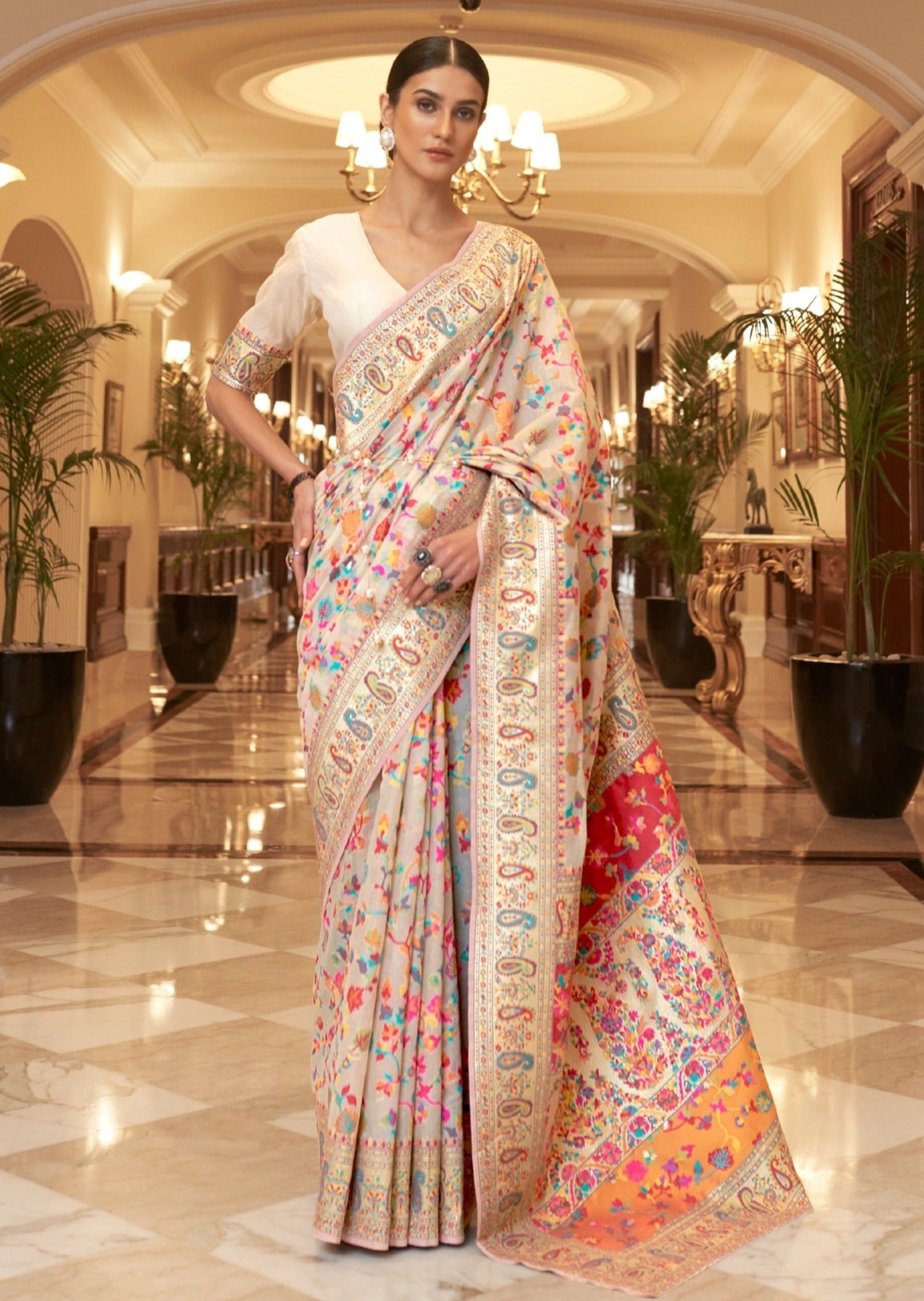 Kashmiri jamawar silk cream saree usa online shopping with price.