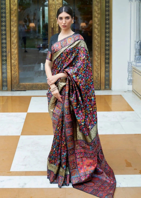 Woman's Black Jamawar silk kani hand work saree for wedding.