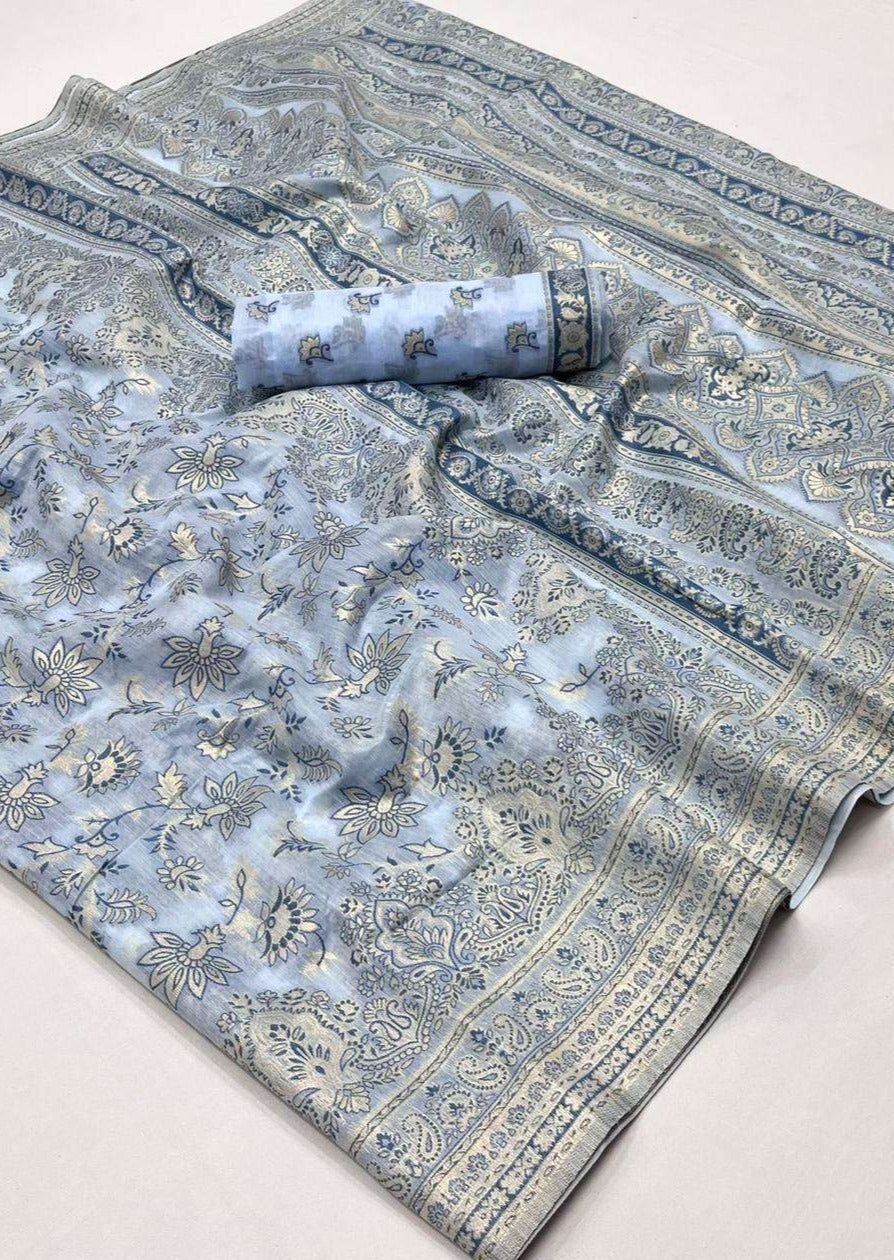 Handloom kashmiri Silk Blue Saree Blouse Design