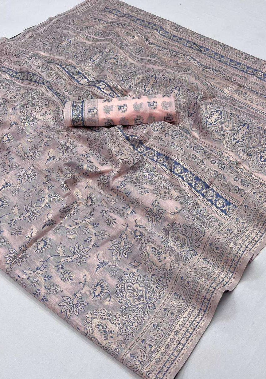 Kashmiri Jamawar Silk Peach Handloom Saree Blouse Design