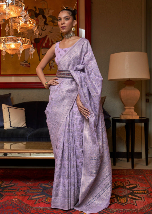 Bride in kashmiri jamawar silk purple handloom saree online shopping india.