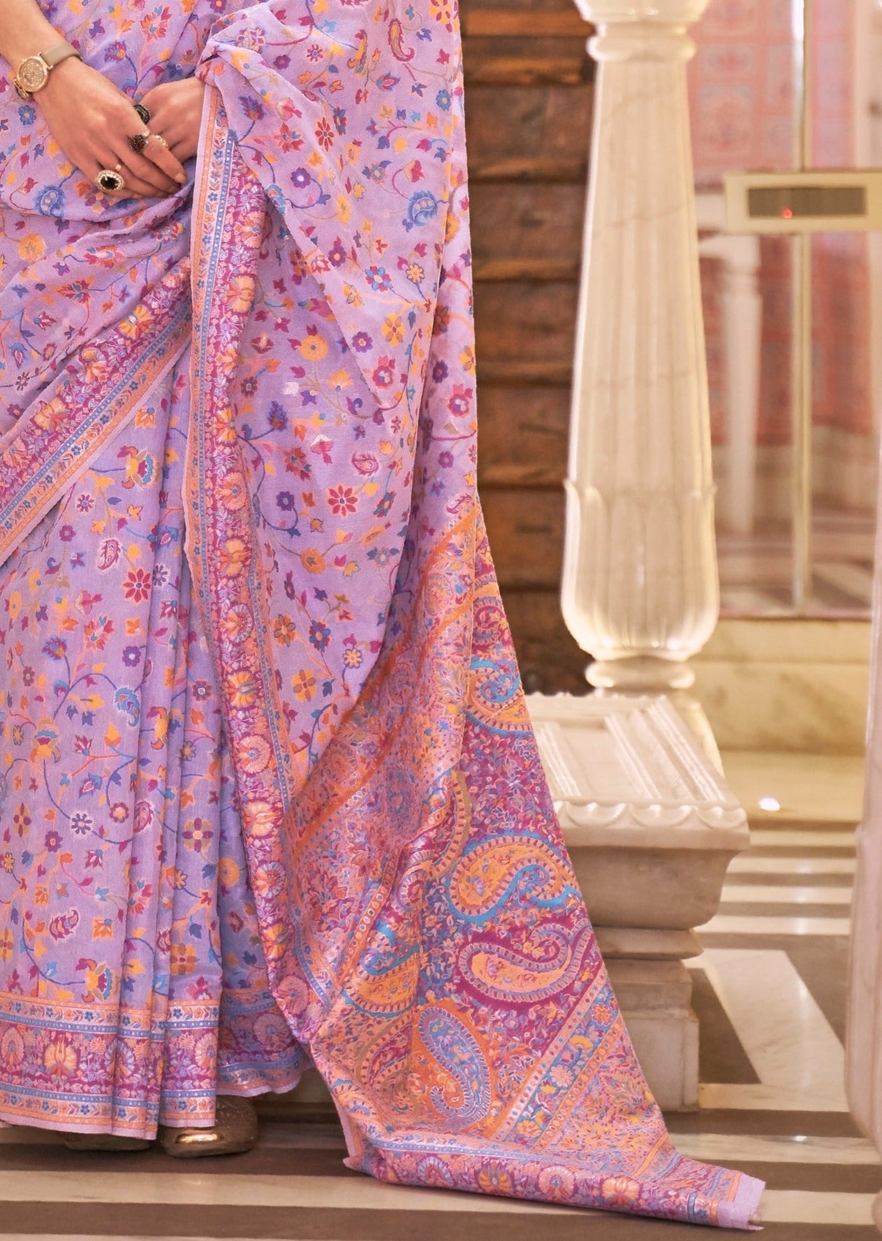 Kashmiri jamawar silk lilac purple saree online designs in India for wedding wear.