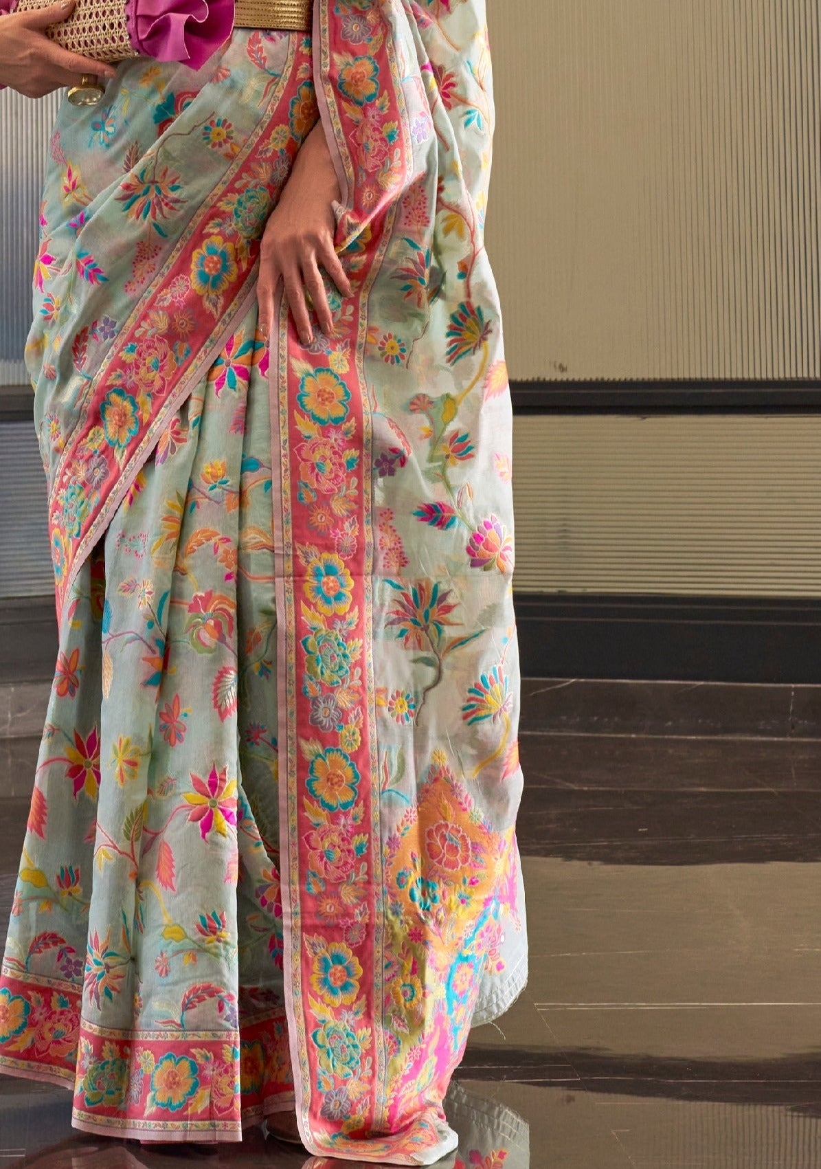 Kashmiri jamawar silk sky blue handloom saree designs online.