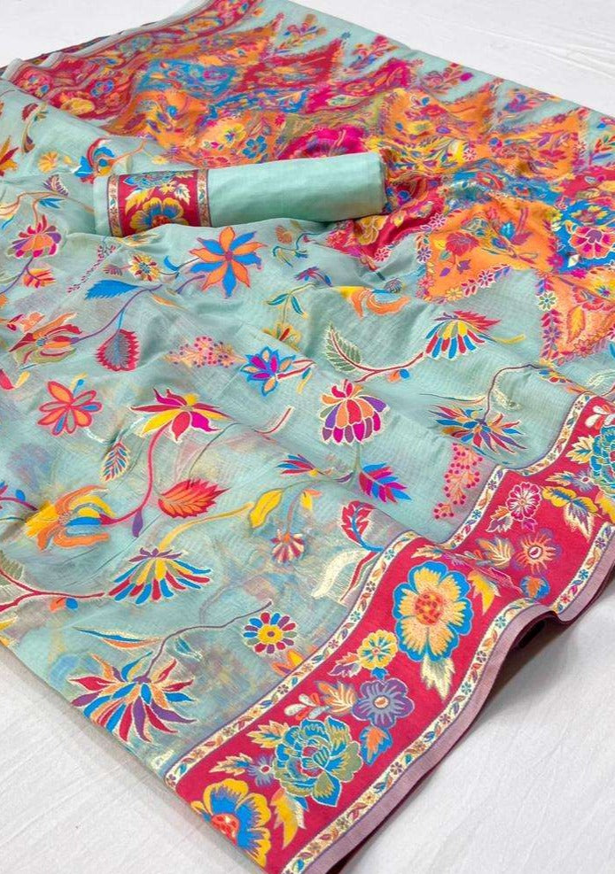 Kashmiri jamawar silk sky blue handloom saree blouse design online.