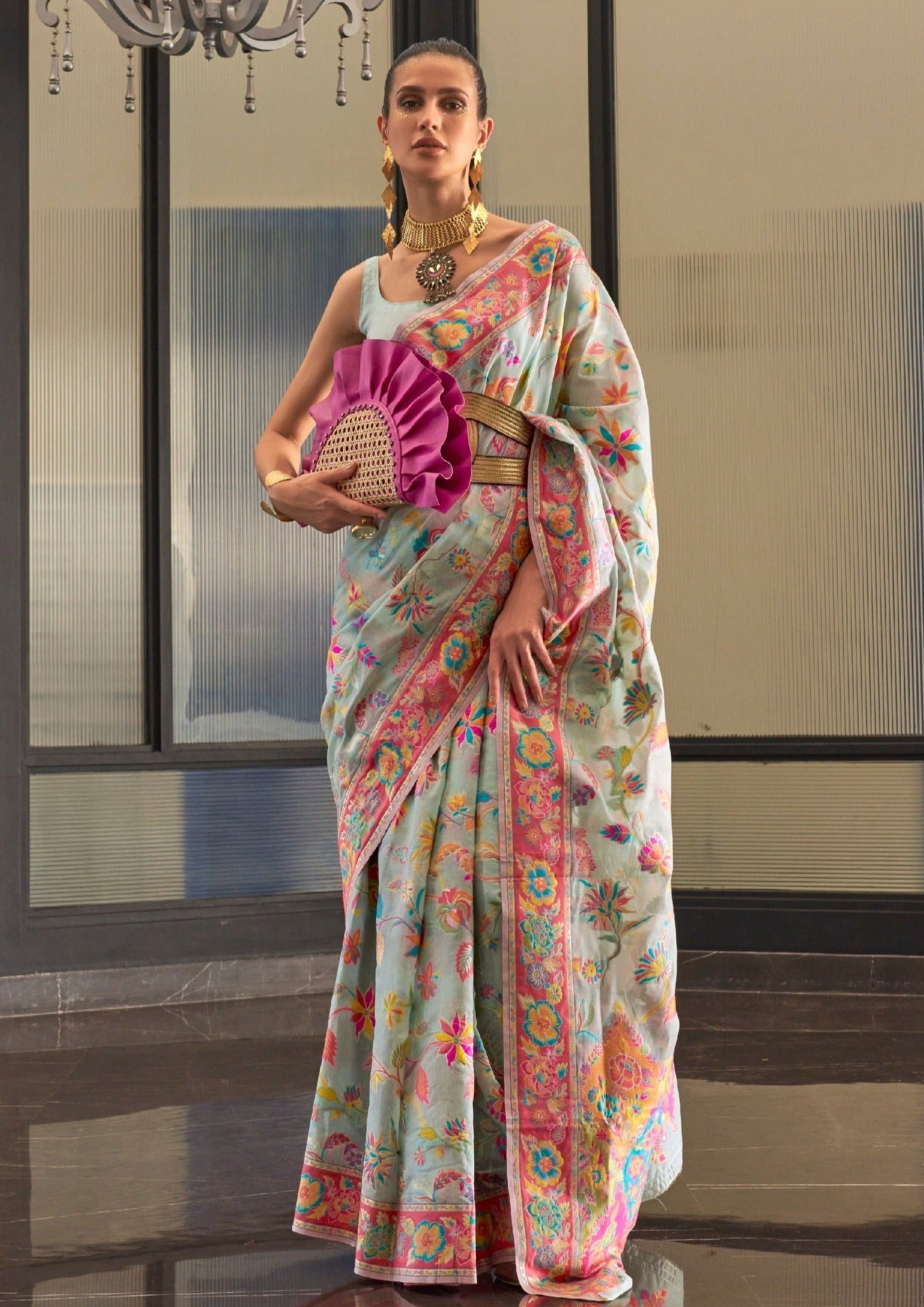 Women's kashmiri jamawar silk sky blue handloom saree online.