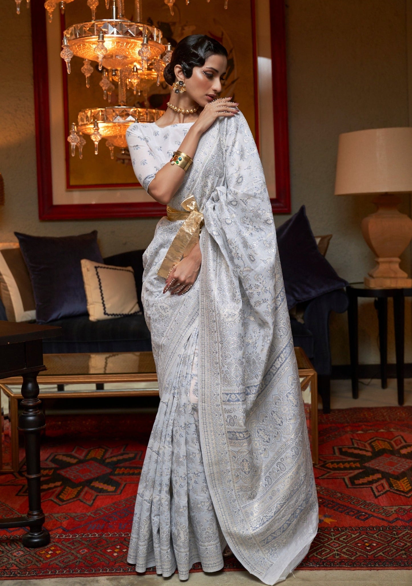 woman in white kashmiri saree blouse