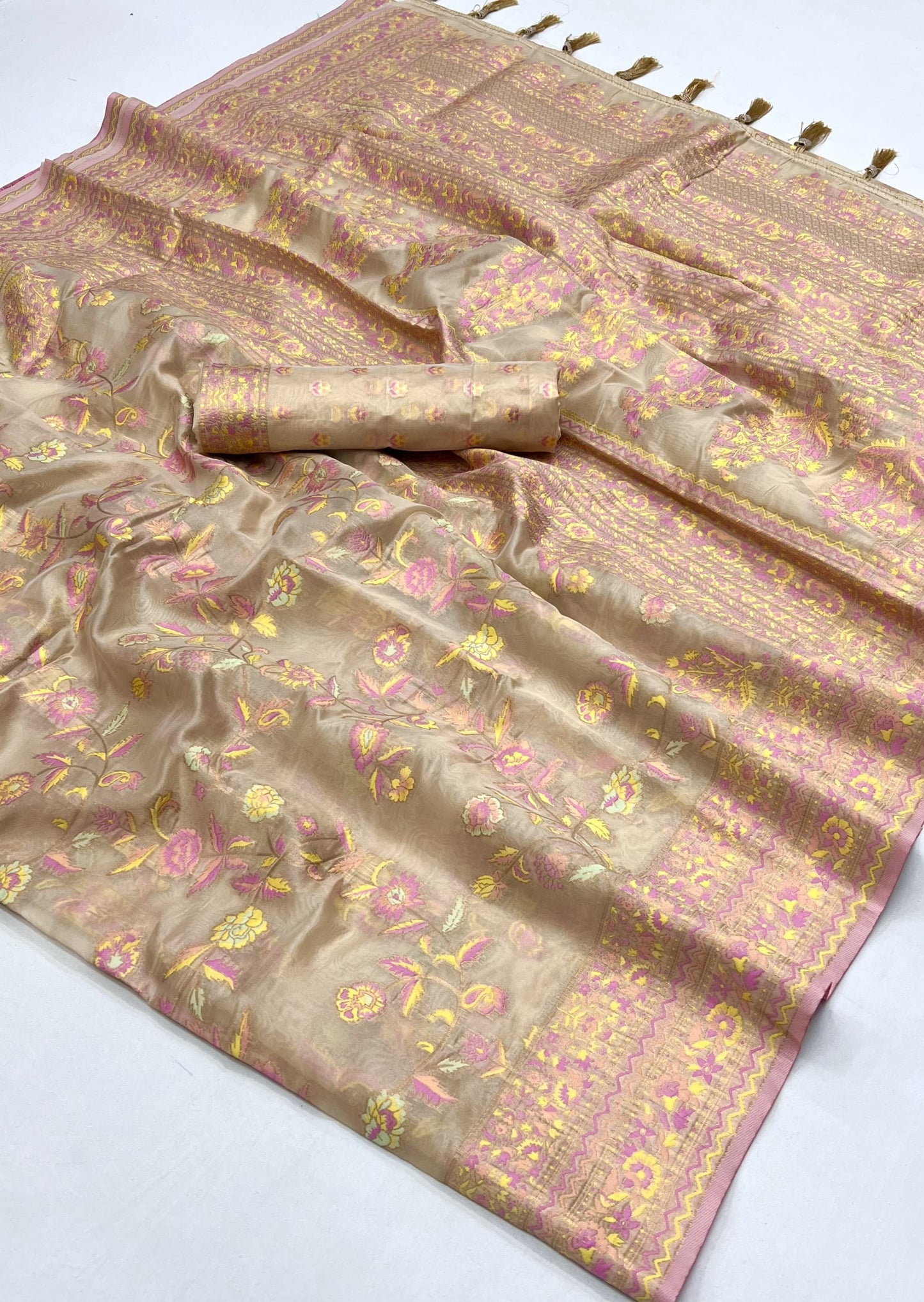 Kashmiri organza beige embroidered bridal saree online shopping price india.
