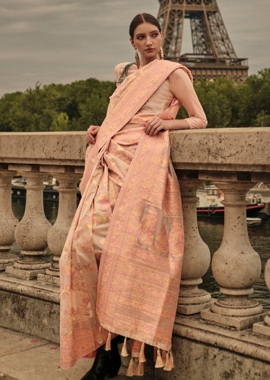 Kashmiri organza beige embroidered bridal saree online shopping price for wedding.