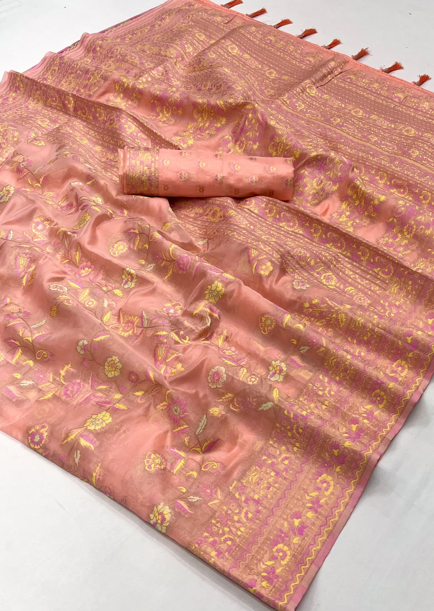 Kashmiri organza embroidered bridal peach saree online shopping for wedding.