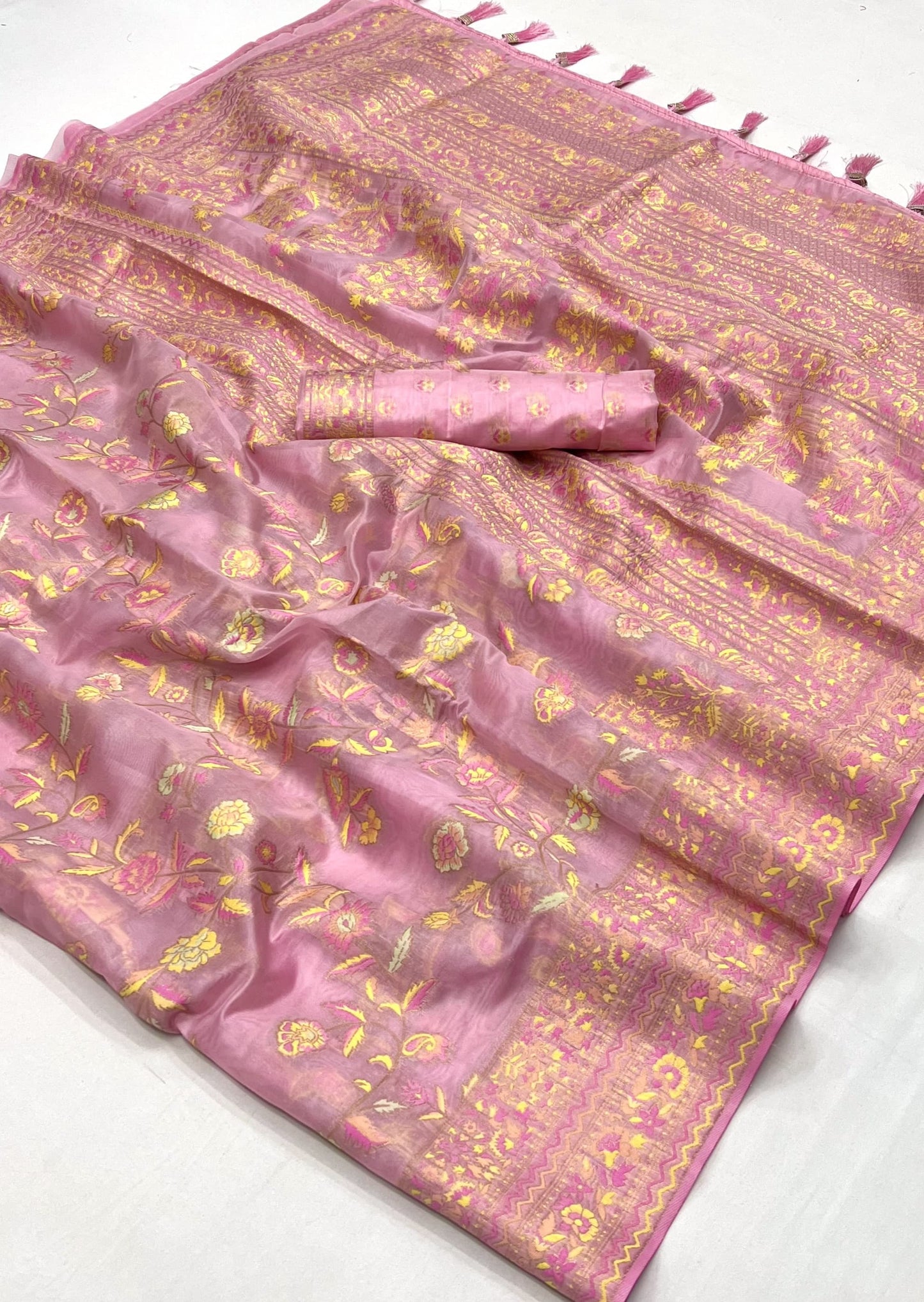 Kashmiri organza embroidered bridal saree online shopping for wedding in rose pink color.