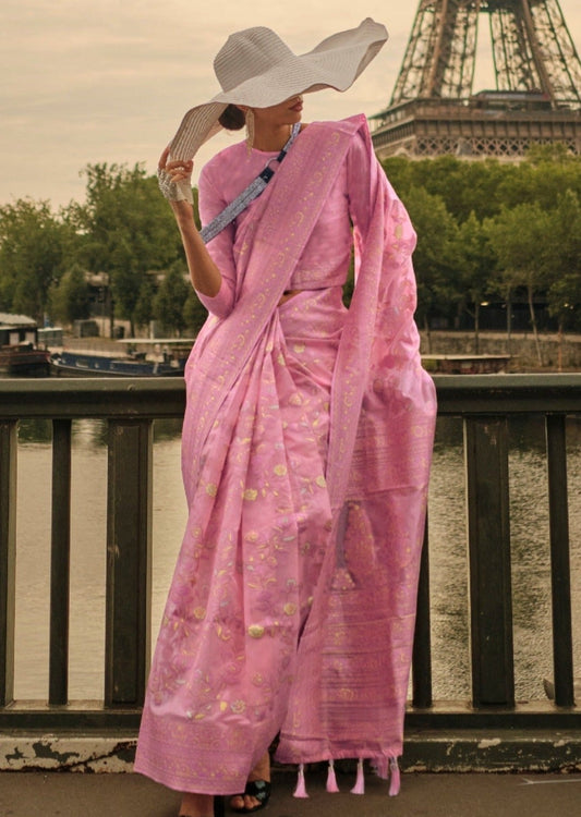 Shop kashmiri organza embroidered bridal saree online shopping for wedding in rose pink color.