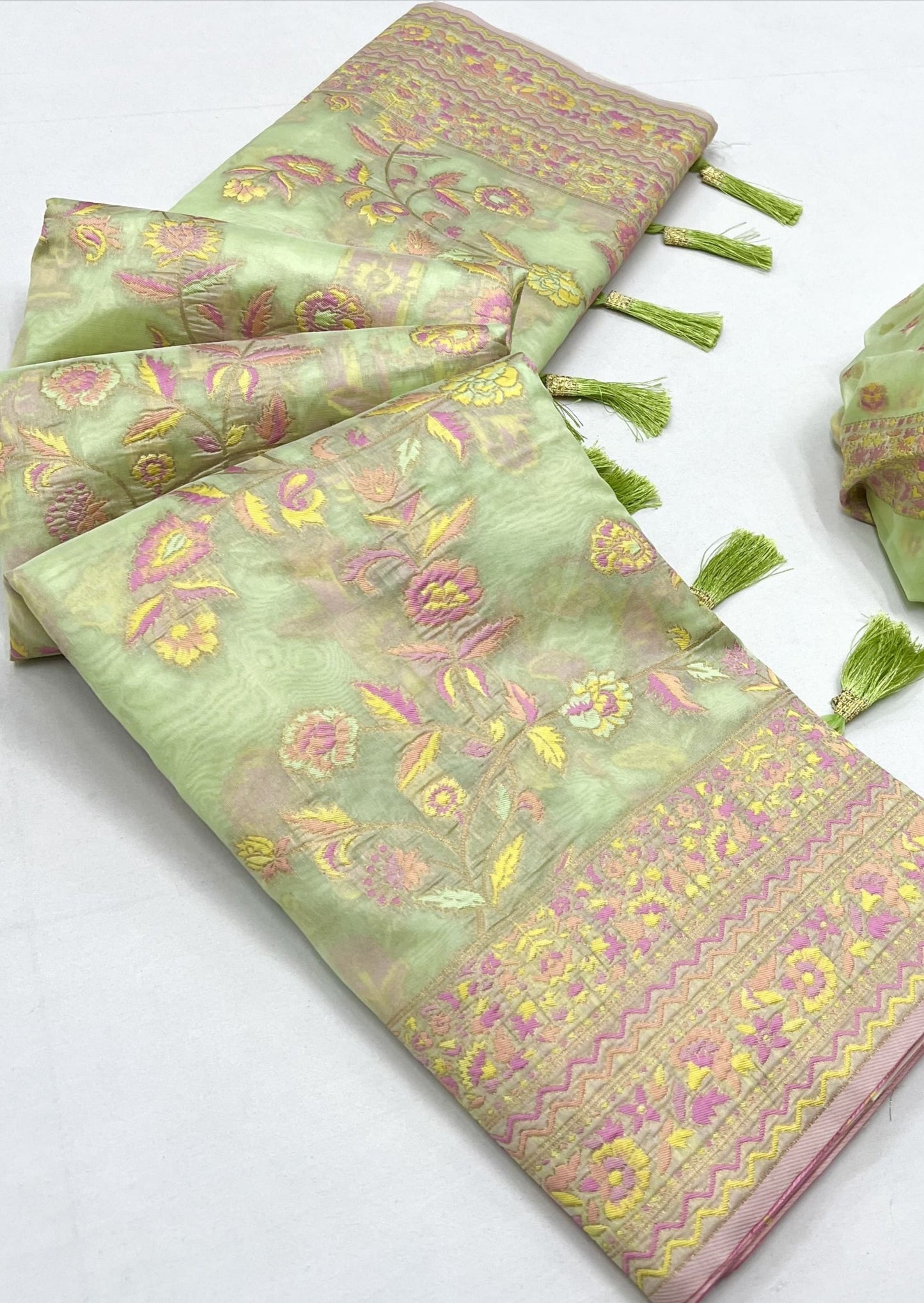 Kashmiri organza green embroidered saree online shopping price for bride wedding.