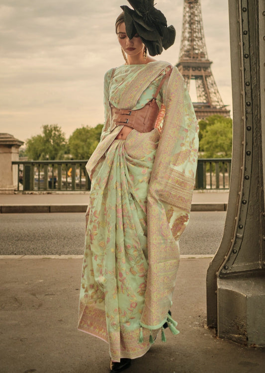 Kashmiri organza green embroidered saree online shopping price for wedding dubai.