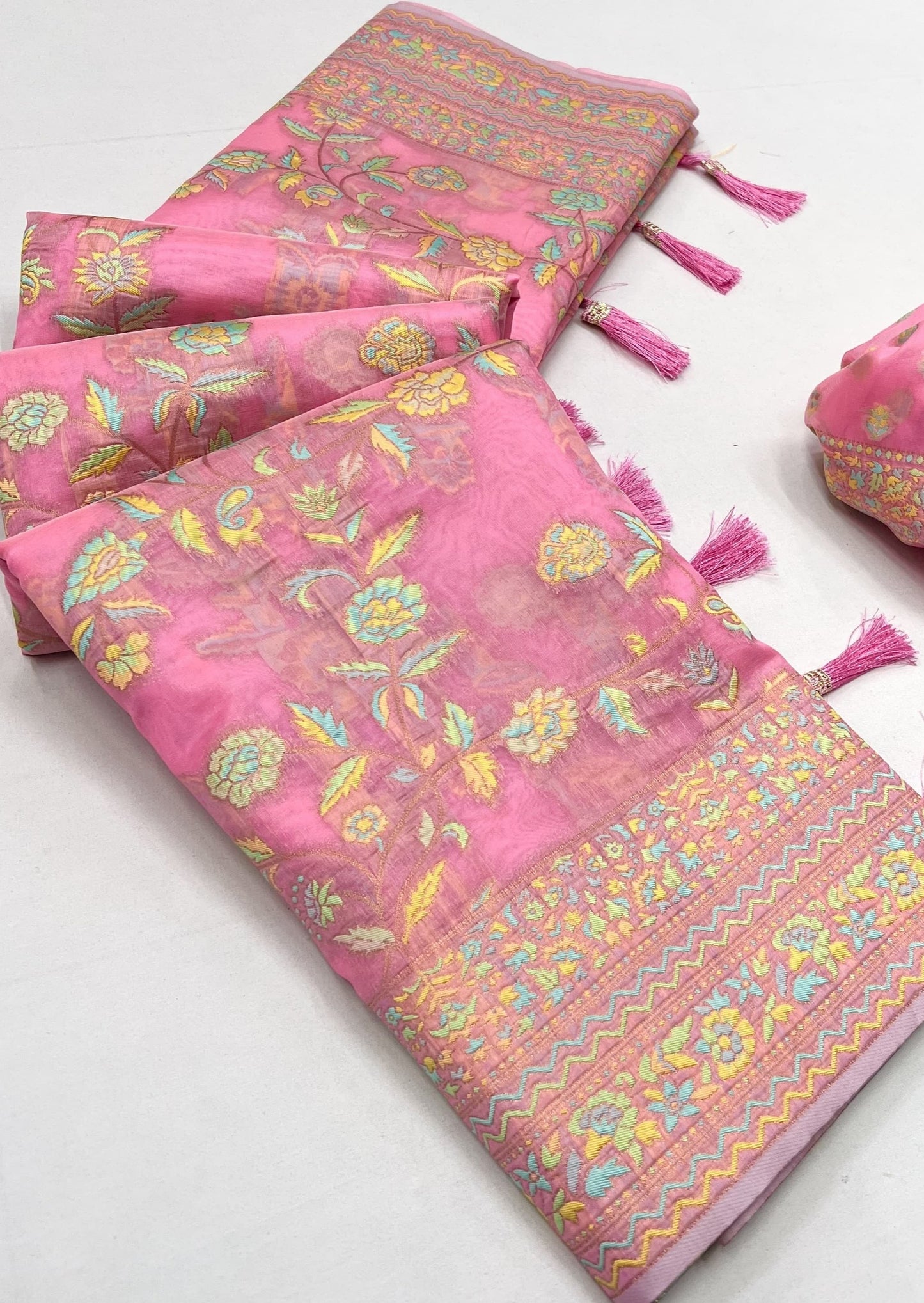 Kashmiri organza pink embroidered bridal saree online shopping price for wedding.